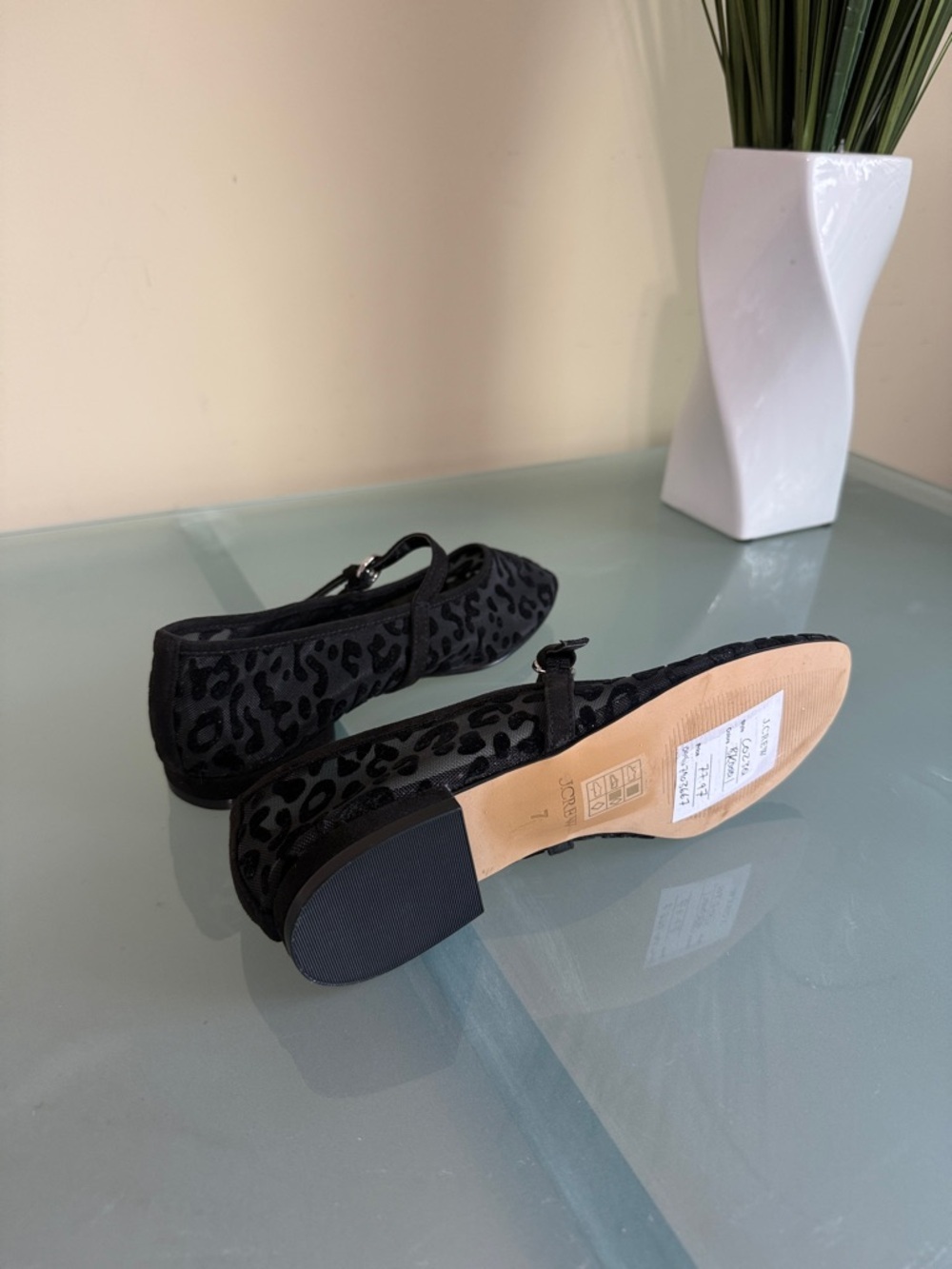 J. Crew Black Sheer Leopard Print Mary Jane Flats Size 7 Mesh Ballet Flats - Picture 7 of 8